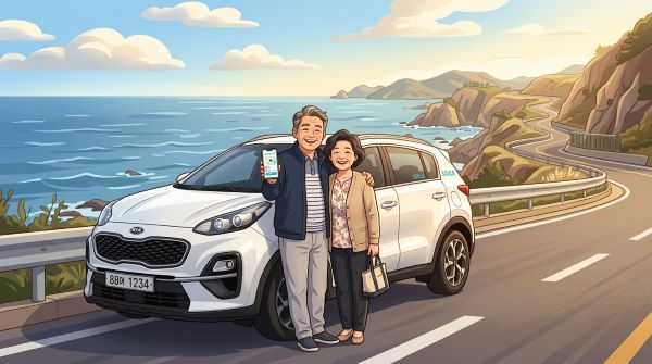 대여한 자동차 앞에서 스마트폰앱을 보여주는 시니어 커플
