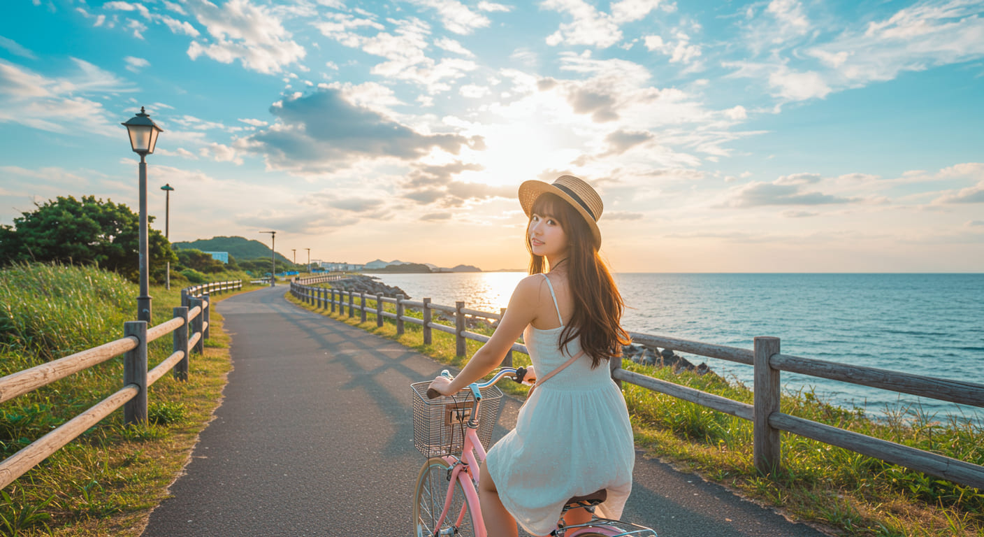 우미노나카미치 해변공원에서 자전거를 타는 여자