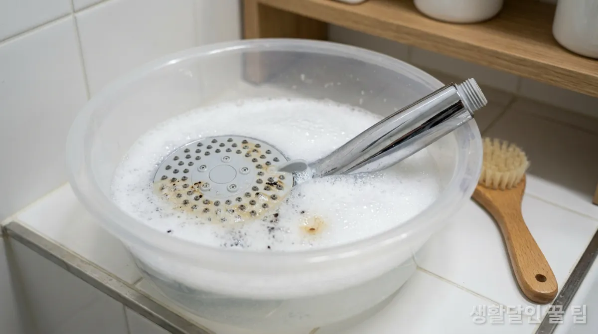 과탄산소다 용액에 담겨 세척되는 샤워기 헤드