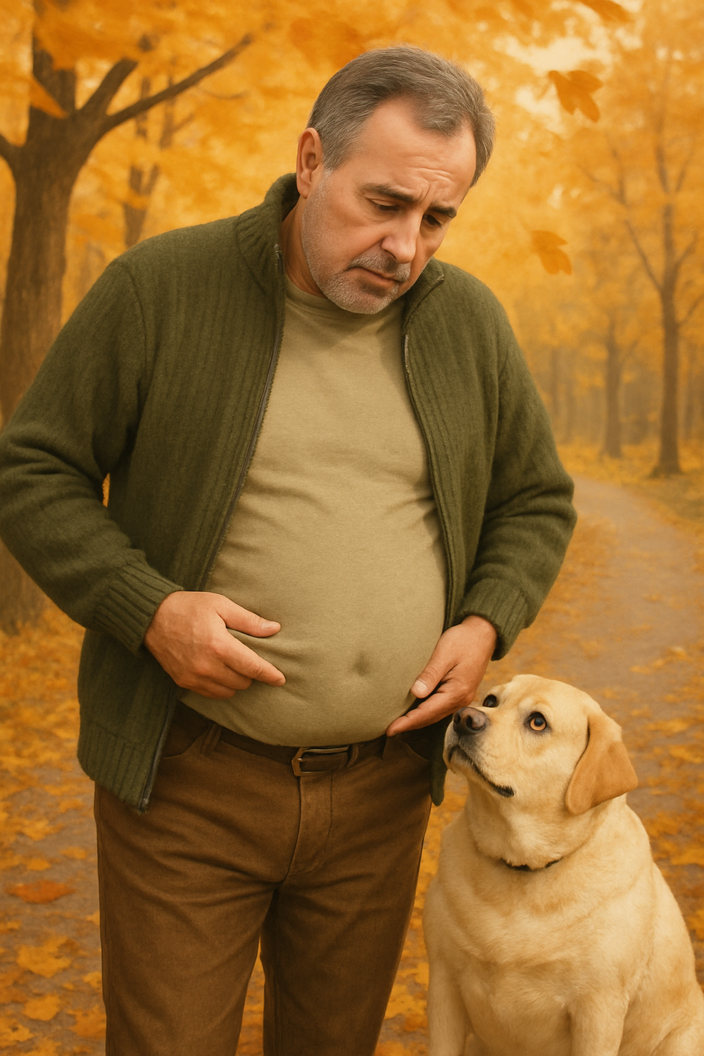 중년의 배가 불룩하게 나와있는 모습과 강아지