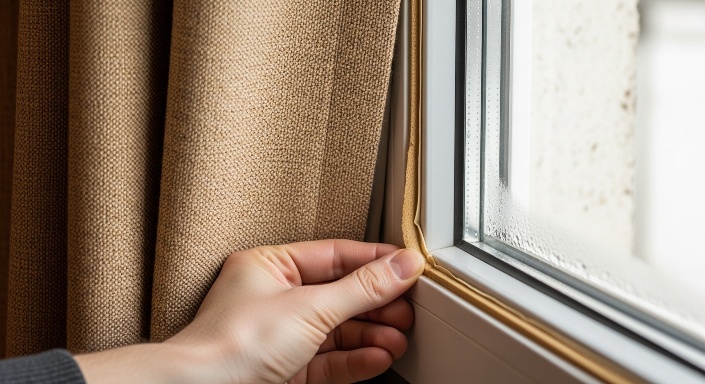 창문 틈새에 문풍지를 부착하고 두꺼운 방풍 커튼을 설치하는 모습, 외부 찬바람을 막아 난방 효율을 높이는 생활 습관을 강조합니다.