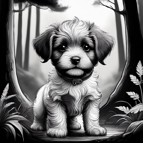 숲 속 강아지 흑백 스케치