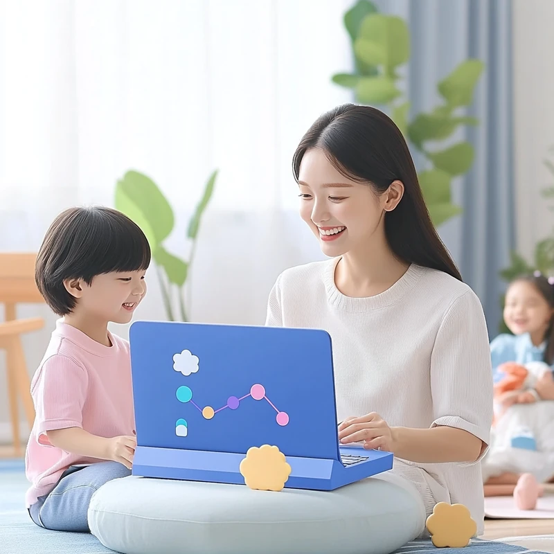 2025년 미국 ETF 수익률 순위와 국내상장 연금 ETF 투자 성과를 살펴보는 워킹맘이 아이 곁에서 투자 정보를 분석하는 모습으로, 미국ETF, 연금저축, IRP, S&P500, 나스닥100 등 주제와 관련된 실생활 투자 상황을 강조