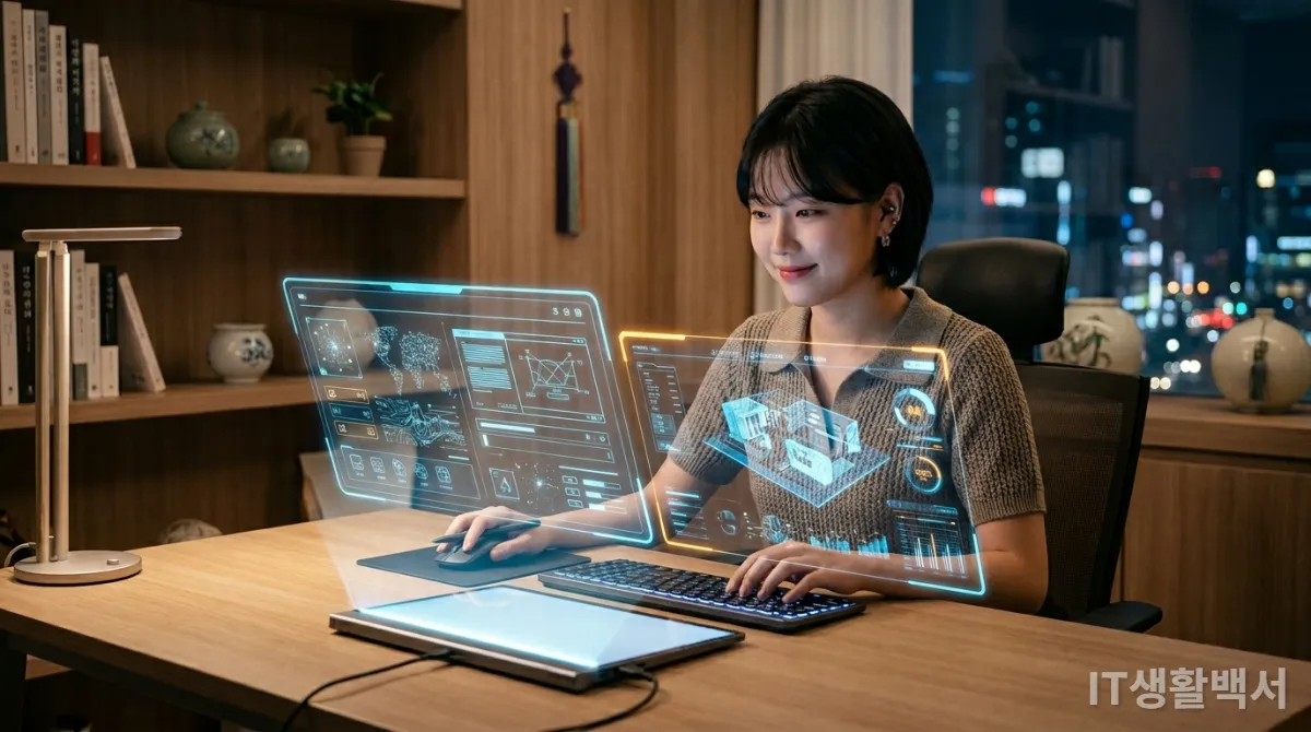 AI 기능이 강화된 미래형 PC로 공부하는 한국 학생의 모습
