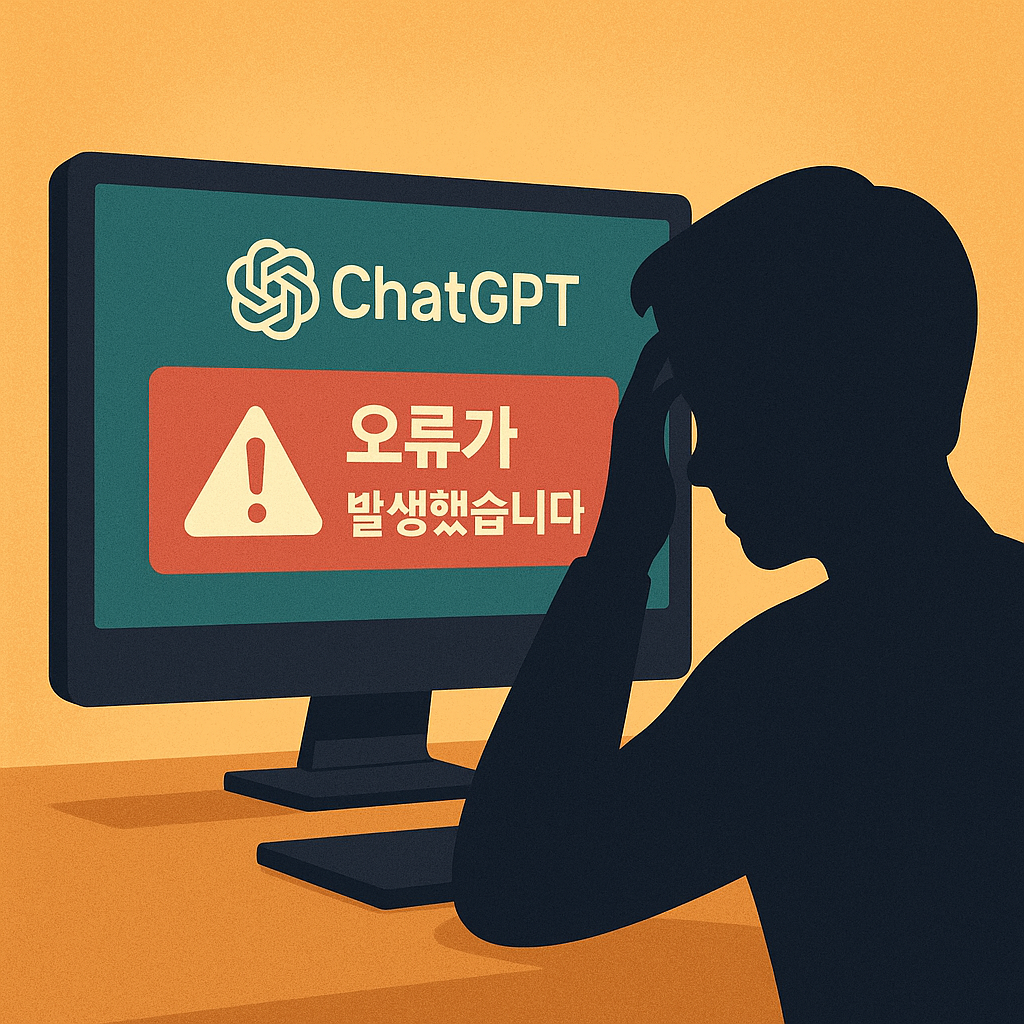 챗GPT-로고가-떠-있는-컴퓨터-모니터에서-한글-오류-메시지가-출력되고,-걱정하는-사용자-실루엣이-화면을-바라보는-장면의-일러스트