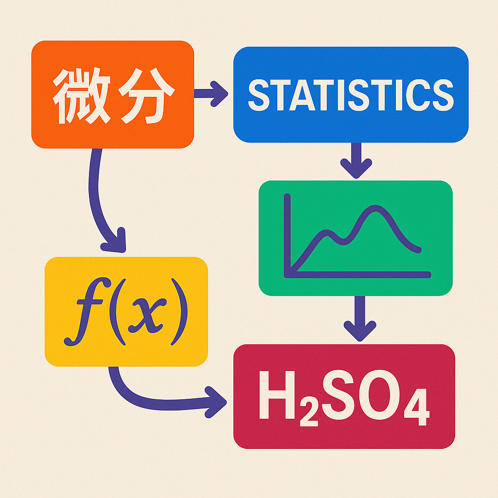수학과 과학 개념이 흐름도로 연결된 이미지 미분, 통계, 화학식, 그래프가 선으로 이어져 하나의 탐구 구조를 이루는 느낌