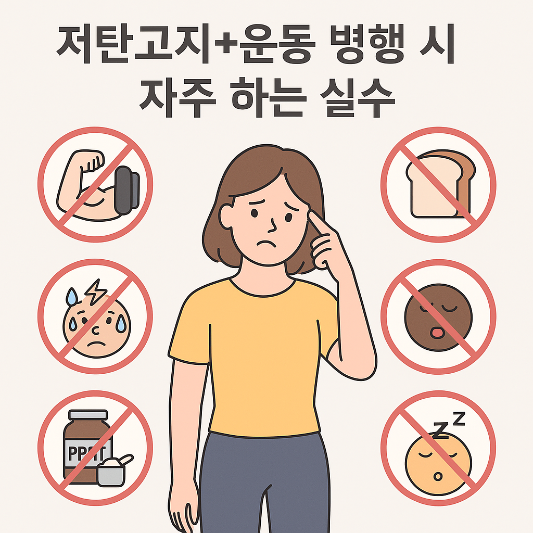 저탄고지 식단과 운동을 병행할 때 흔히 하는 실수들을 나타낸 일러스트. 격렬한 운동, 전해질 부족, 단백질 부족, 탄수화물 섭취, 수면 부족을 경고하는 아이콘과 여성 캐릭터가 함께 배치되어 있다.