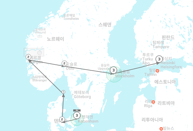 북유럽 4개국 이동 루트 이미지