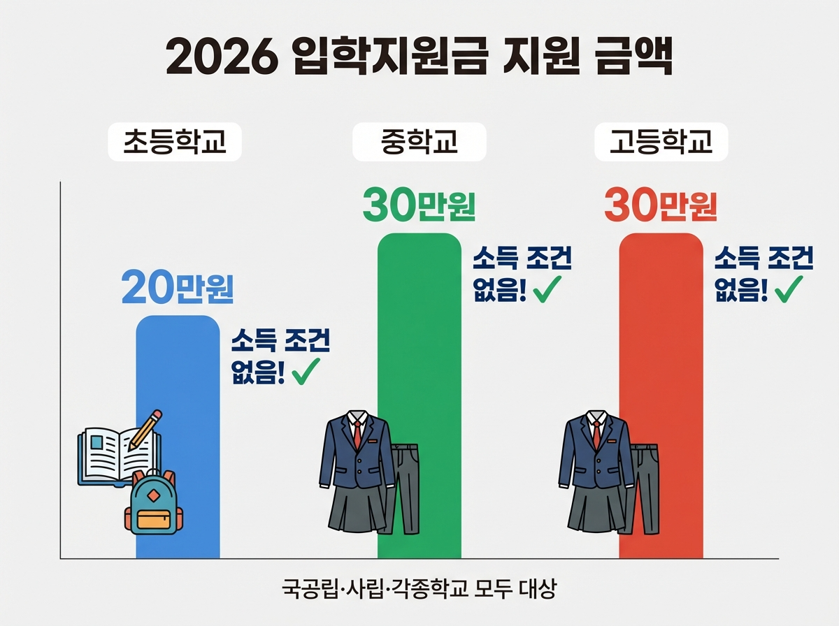 "초중고 입학지원금 지원 금액 비교 인포그래픽, 소득 조건 없음"