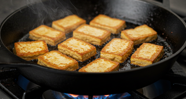 두부 조각들이 가지런히 놓여 노릇하게 익어가고 있는 모습