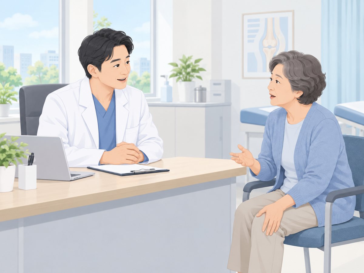 무릎 관절 그림이 걸린 진료실에서 의사와 중년 여성이 마주 앉아 무릎 증상을 상담하는 장면