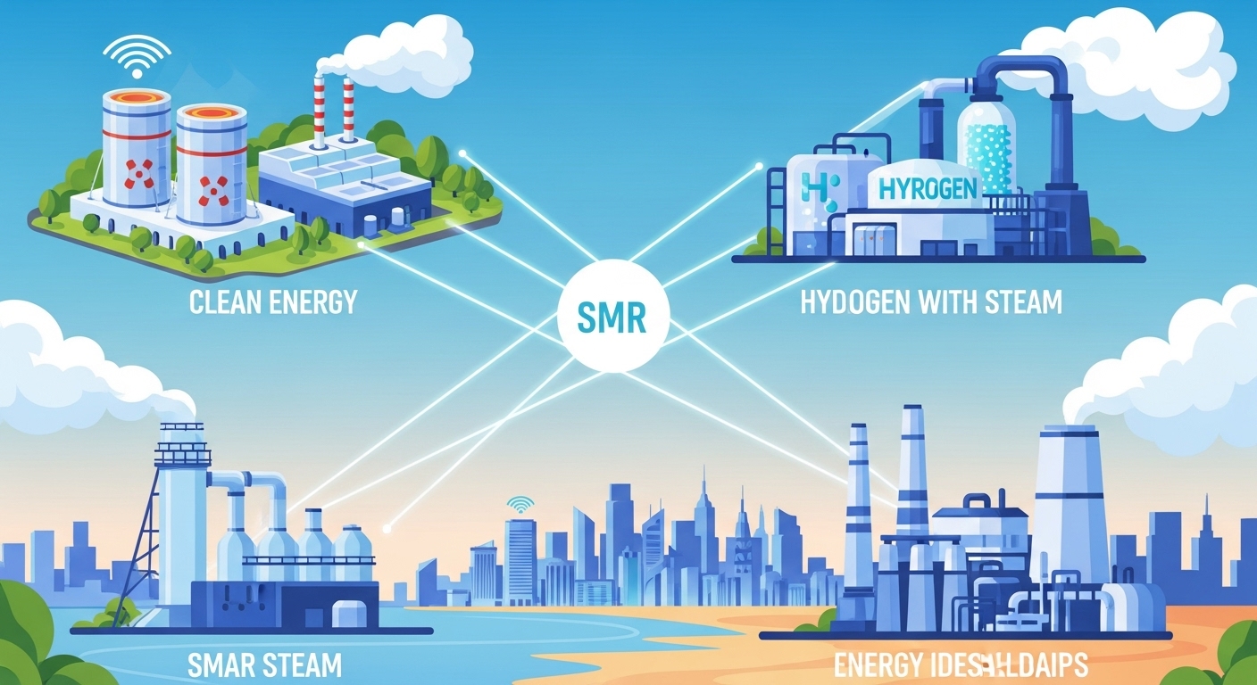 소형모듈원전(SMR)이 스마트 도시 전력 공급, 수소 생산, 산업용 열원 등 다양한 분야에서 활용되는 미래 에너지를 풍부하게 제공하는 밝은 풍경.