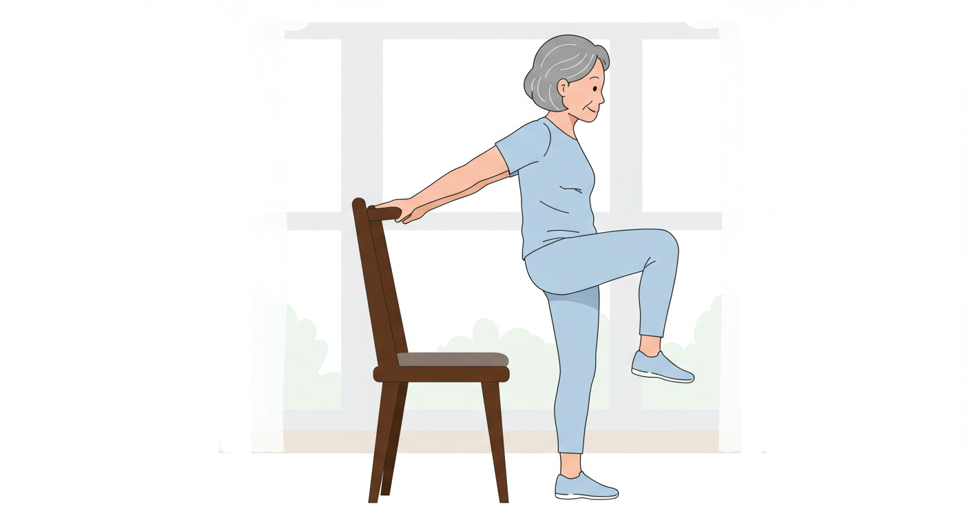 의자를 잡고 무릎을 배꼽 높이까지 들어올린 정면 자세의 시니어 여성