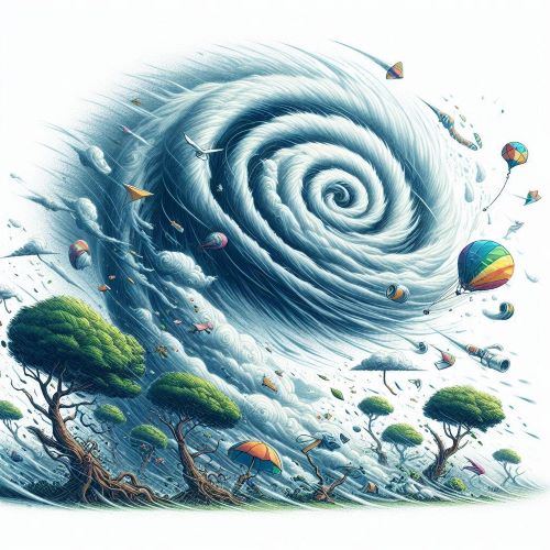 태풍으로 물건이 날아다니고 나뭇가지가 휘어지고 있음