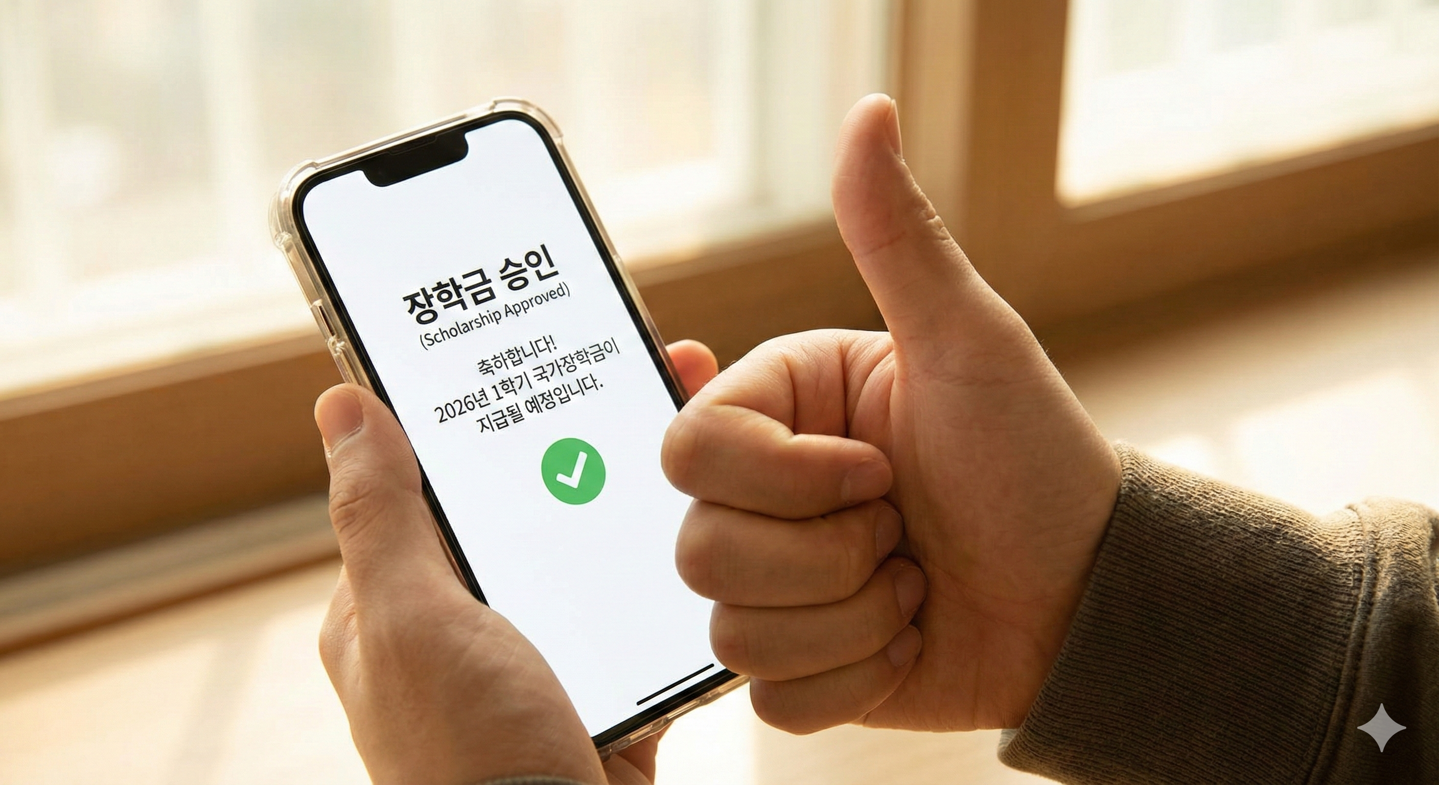 스마트폰 화면에 '국가장학금 선발 완료' 메시지가 뜬 것을 보고 안도하며 엄지를 치켜세우는 모습