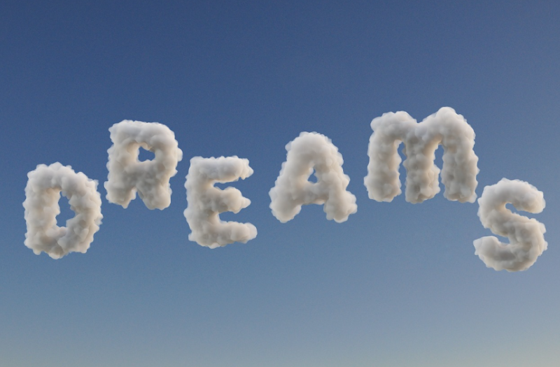 파란 하늘 위에 구름으로 형상화된 'DREAMS' 글자, 태몽과 꿈의 상징성을 표현한 이미지