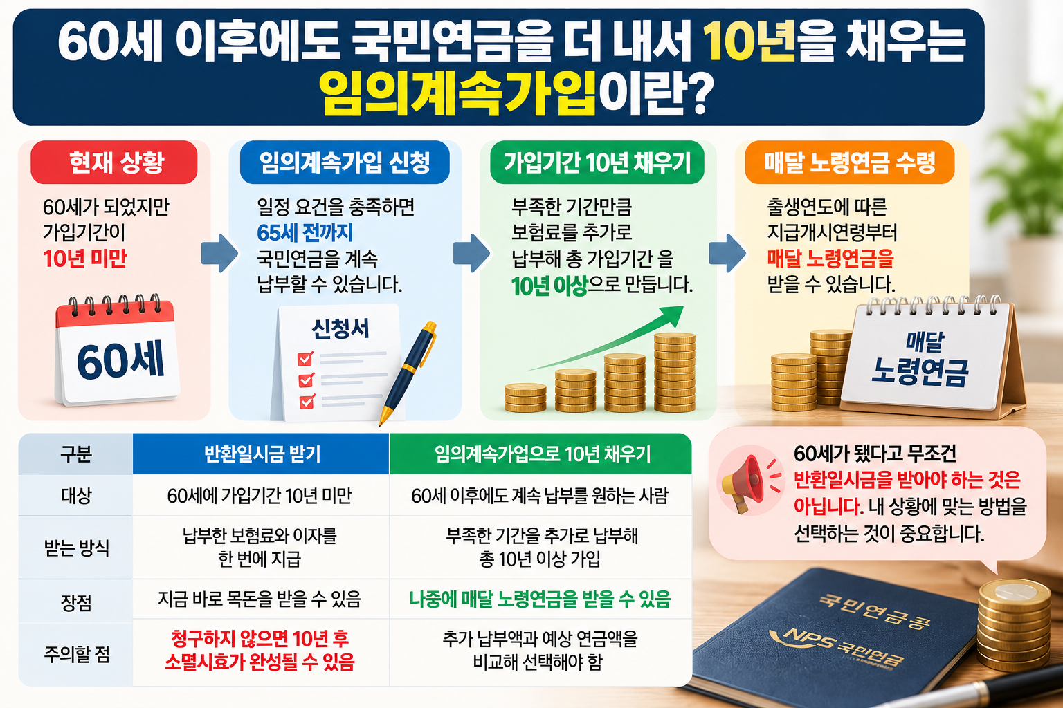 국민연금 임의계속가입으로 60세 이후 부족한 가입기간 10년을 채우고 매달 노령연금 받는 방법