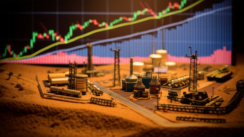 중동 전쟁이 유가와 증시에 미치는 영향을 보여주는 미니어처 디오라마 스타일, 틸트시프트 효과