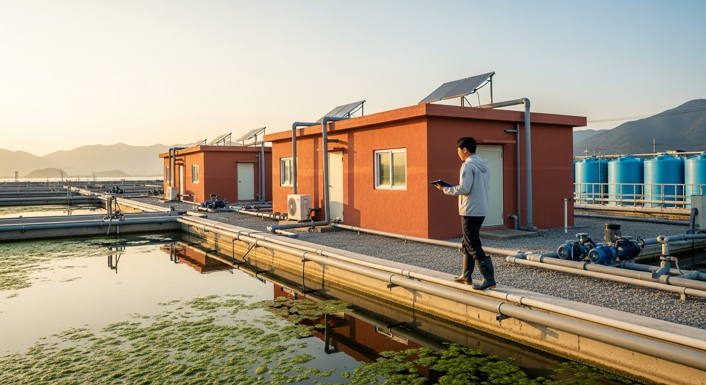 open-pond microalgae farm at golden hour