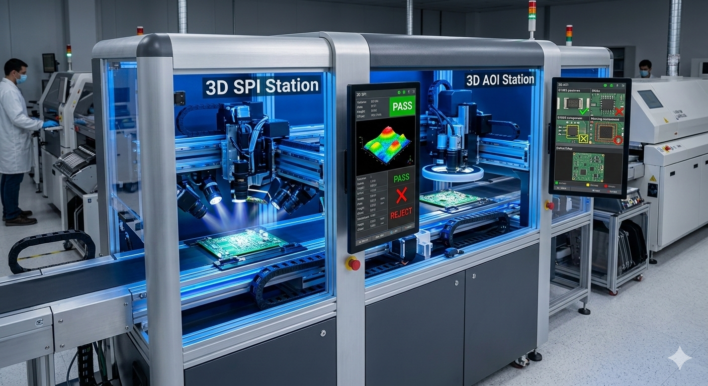 "펨트론의 3D 정밀 검사장비 가동 모습: HBM 및 반도체 후공정 수율 확보를 위한 핵심 머신 비전 기술 시각화"