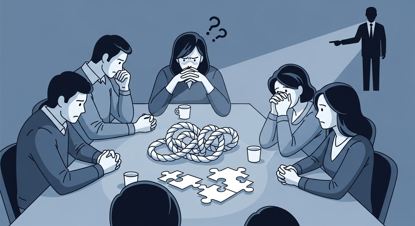 가족들이 둘러앉아 상속 분쟁을 상징하는 엉킨 매듭 앞에서 전문가의 도움을 받는 모습.