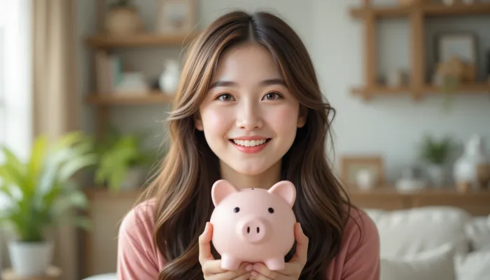 거실에서 돼지 저금통을 손에 들고 희망적으로 웃는 여성