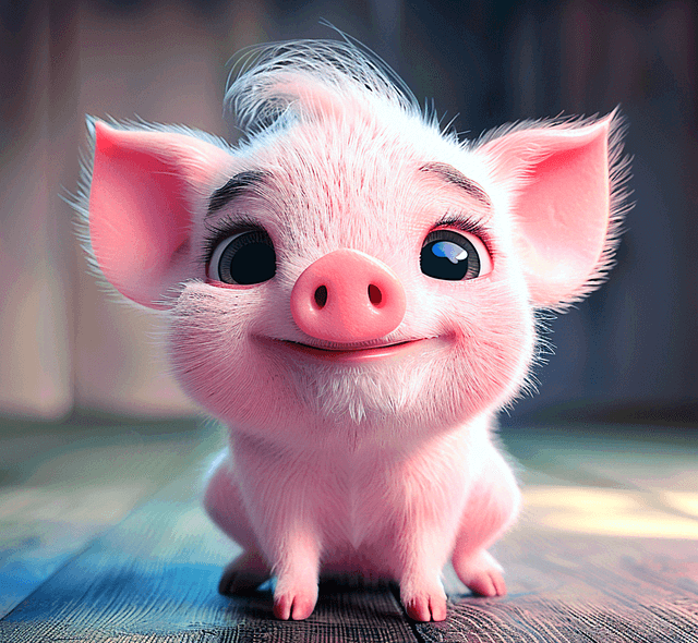 귀여운 아기 돼지가 웃으면서 정면을 바라본다. 눈은 커다랗고 몸은 희다.