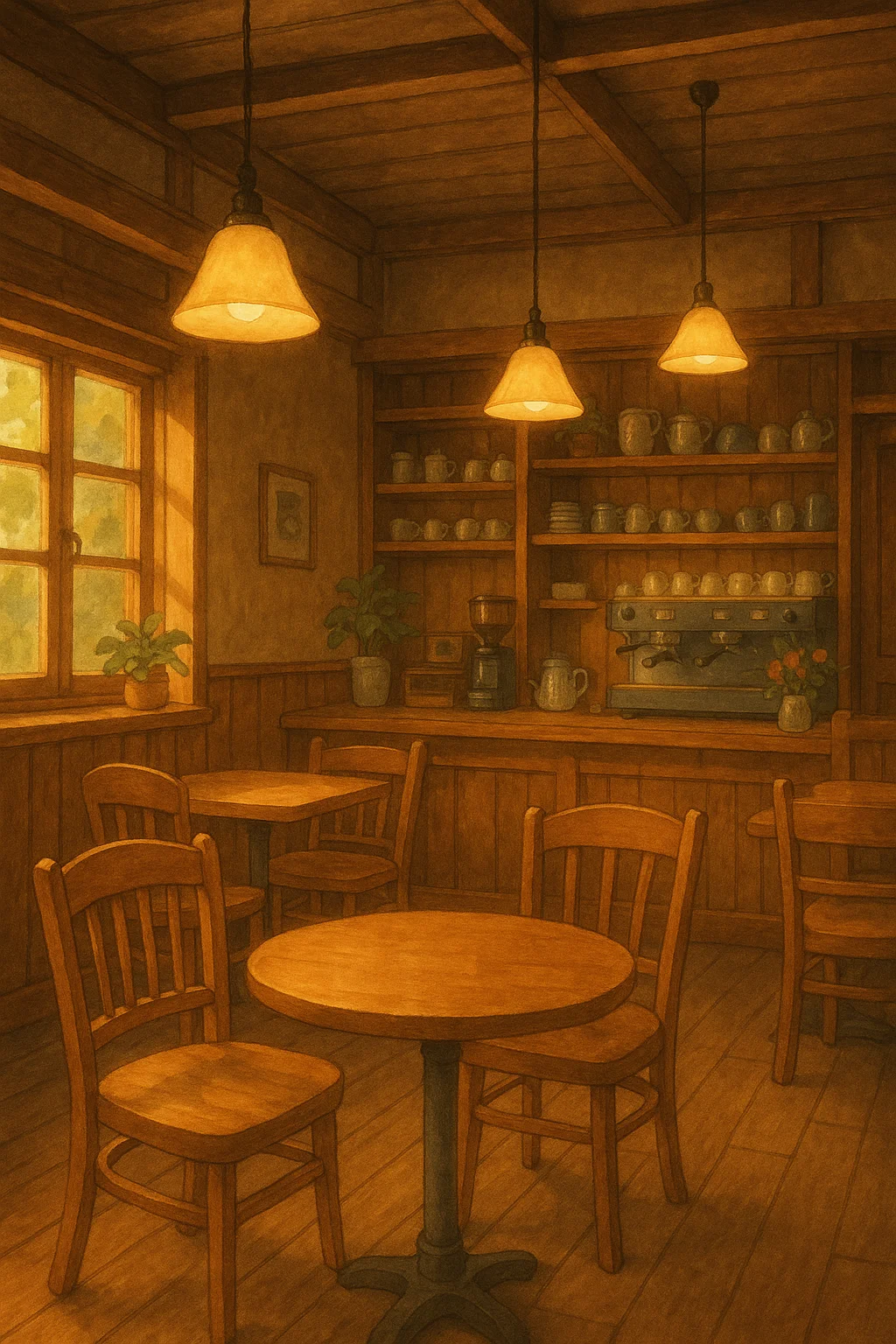 GPT-5 무료 이미지 생성, 따뜻한 조명 아래 목재 인테리어 카페, 지브리 영화 느낌, 부드러운 그림체