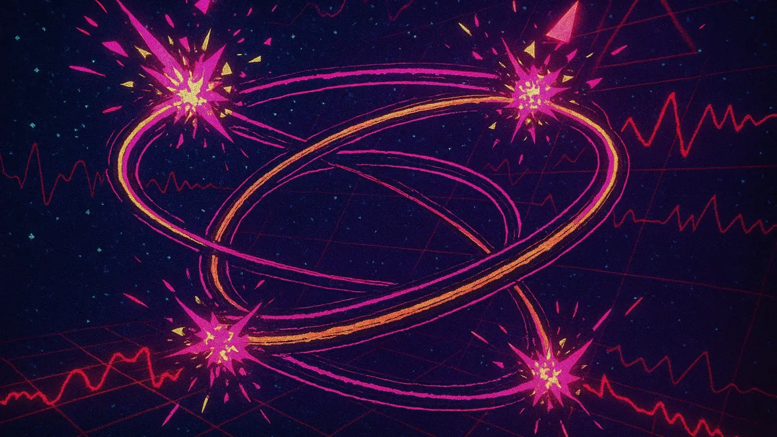 진동하는 끈들이 우주 공간에서 다양한 입자로 변화하는 모습을 표현한 추상적 시각화