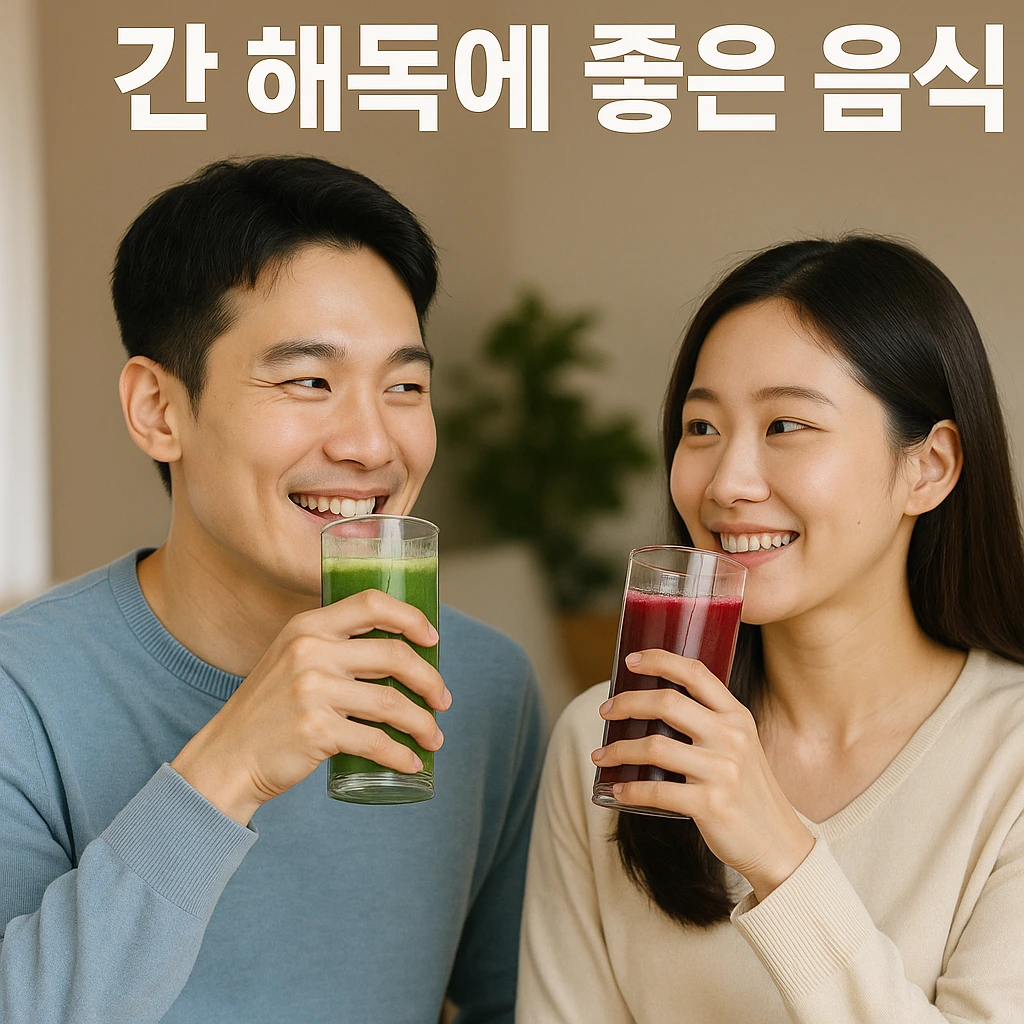 간에 좋은 쥬스를 마시는 사진