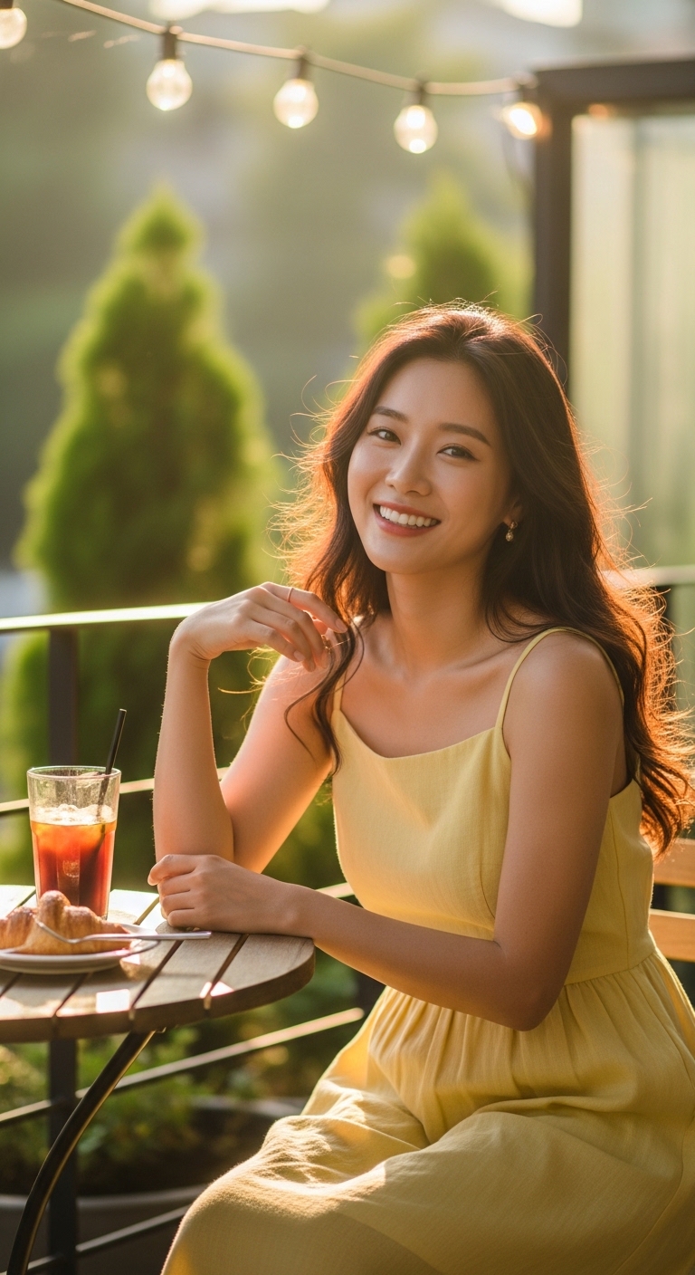 카페 야외 테라스에 앉아 밝게 웃고 있는 세련된 차림의 사람을 촬영한 분위기 있는 사진