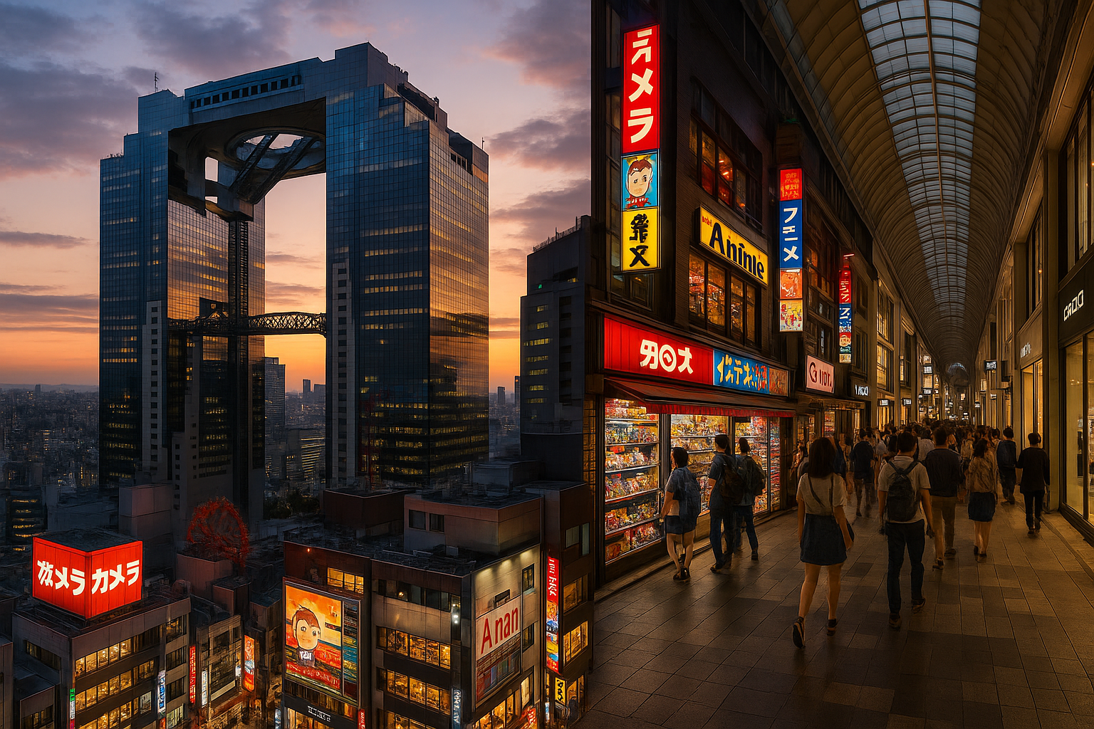오사카 황혼 무렵 네온사인이 빛나는 도심 위로 우메다 스카이 빌딩과 덴덴타운, 신사이바시 아케이드가 한눈에 펼쳐진 모습