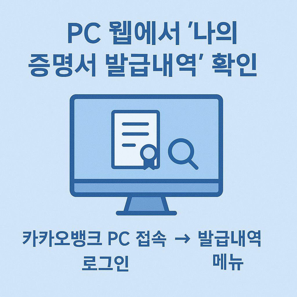 카카오뱅크 PC 웹사이트에서 나의 증명서 발급내역을 로그인 후 쉽게 확인하는 방법을 직관적인 아이콘과 함께 표현한 인포그래픽, 발급내역 메뉴 진입 절차 포함