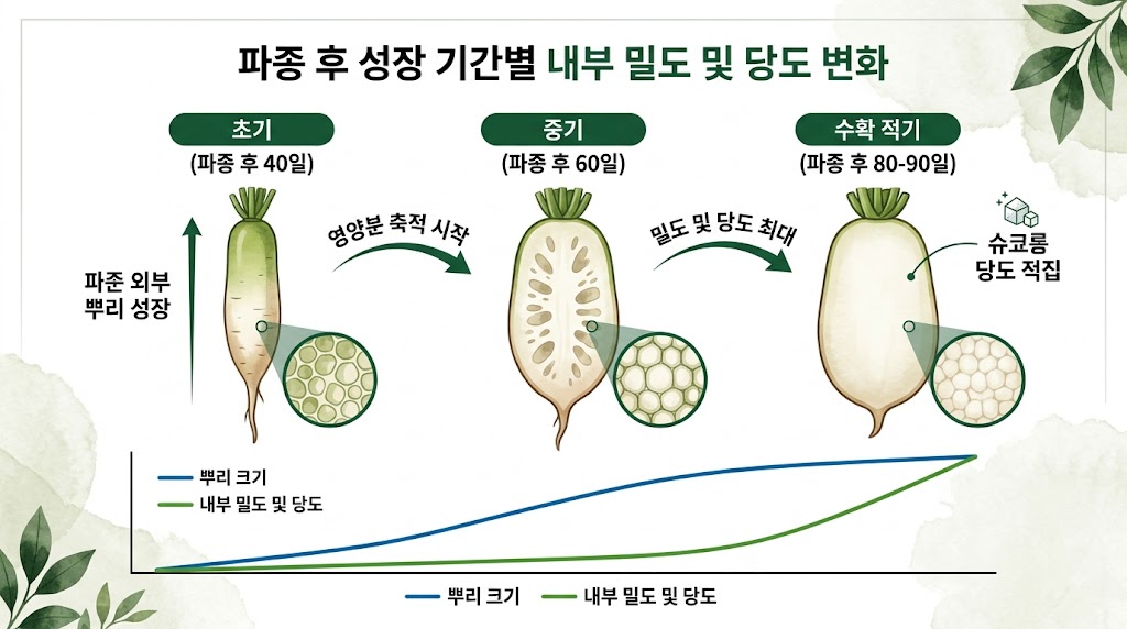 김장무 성장 기간별 내부 밀도 및 당도 변화를 보여주는 인포그래픽