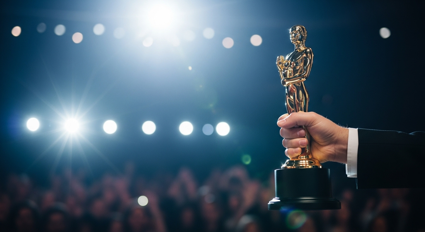 연말 시상식에서 수상자가 트로피를 받고 있는 감동적인 순간