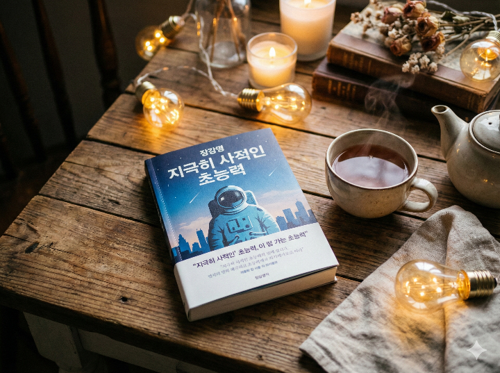 감성적인 카페 조명 아래 놓인 책과 차 한 잔의 연출 샷