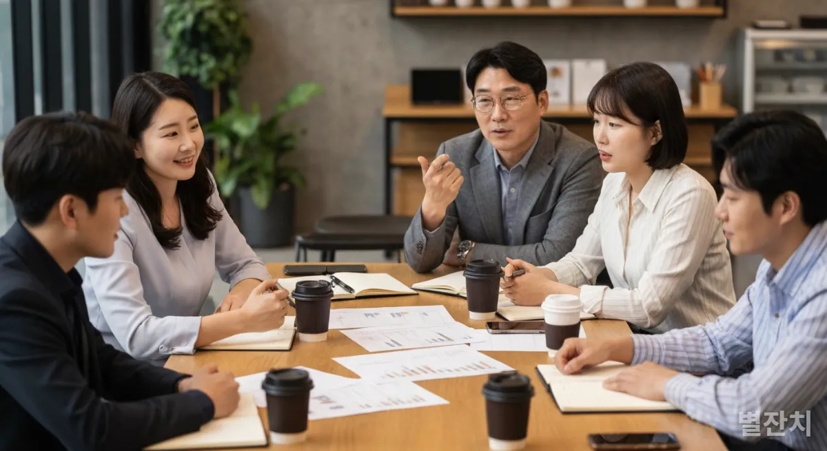 카페에서 투자 전략에 대해 토론하며 서로에게 조언하는 한국인 투자자 그룹