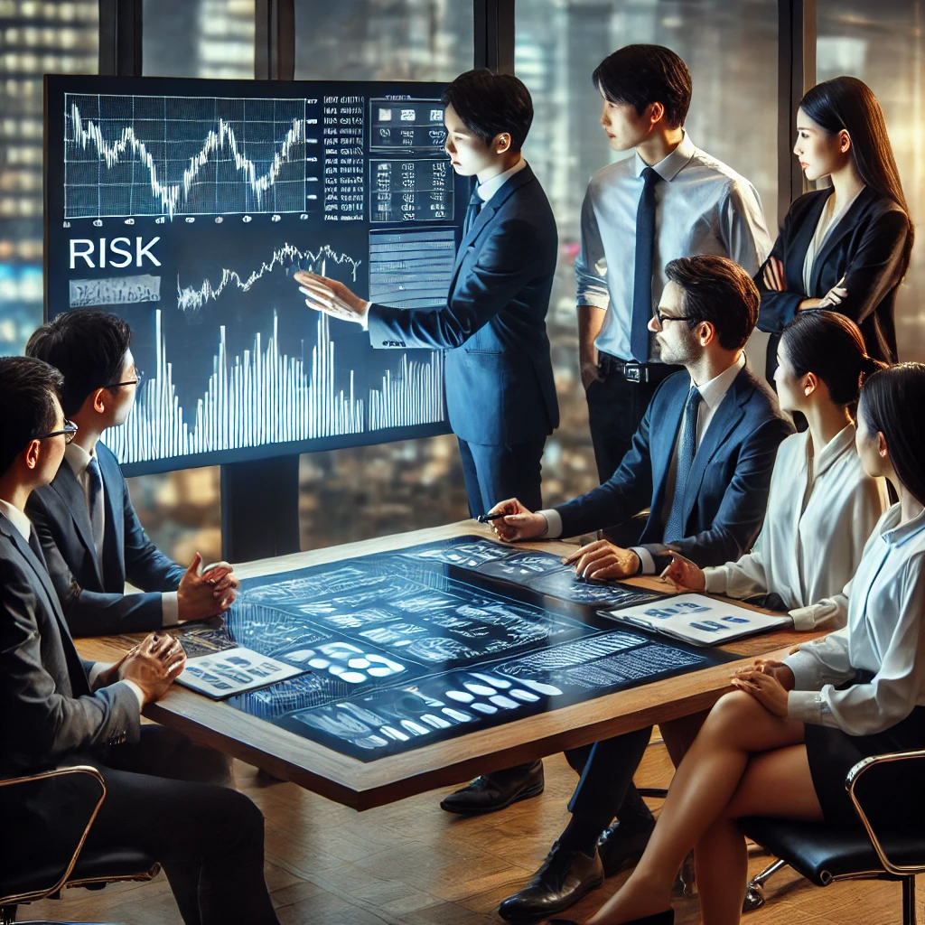 리스크 관리 회의를 하는 한국의 금융 전문가들