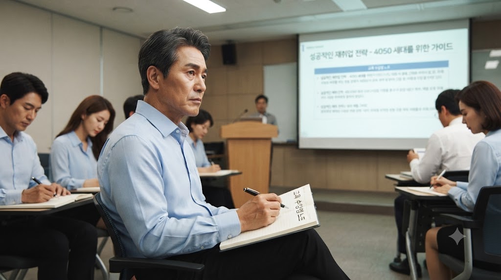 퇴직 후 재취업 전략 등에 대해 공부를 하고 있는 남성