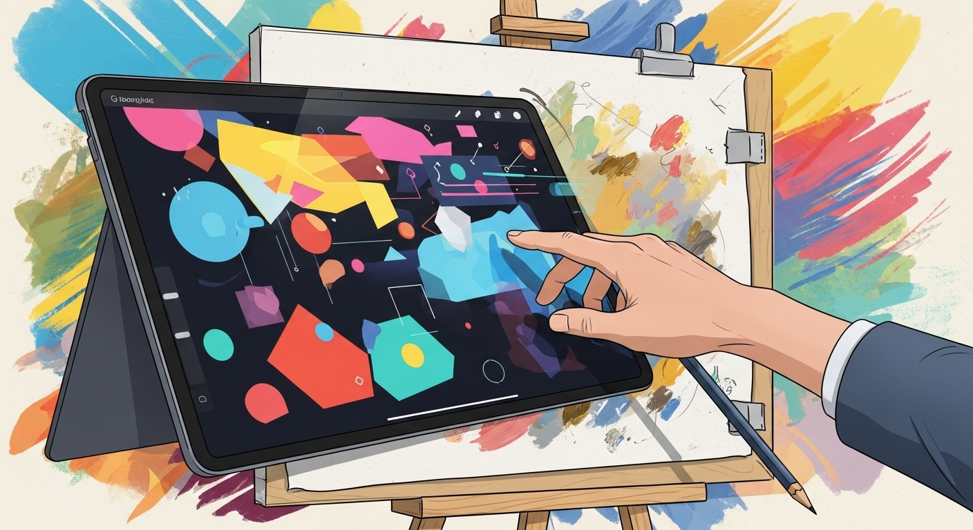디지털 태블릿 화면과 물리적 캔버스가 유기적으로 연결된 모습으로, 디지털과 아날로그 기법의 하이브리드 융합을 상징하는 일러스트.