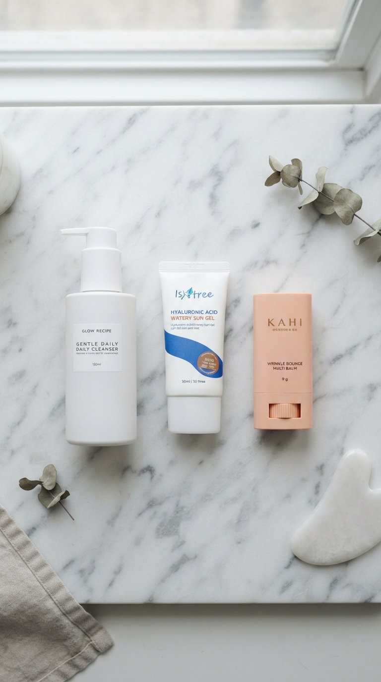 Minimalist flat lay of three skincare products - cleanser, sunscreen, and multi-balm - on a clean white marble surface, soft natural lighting, K-beauty aesthetic