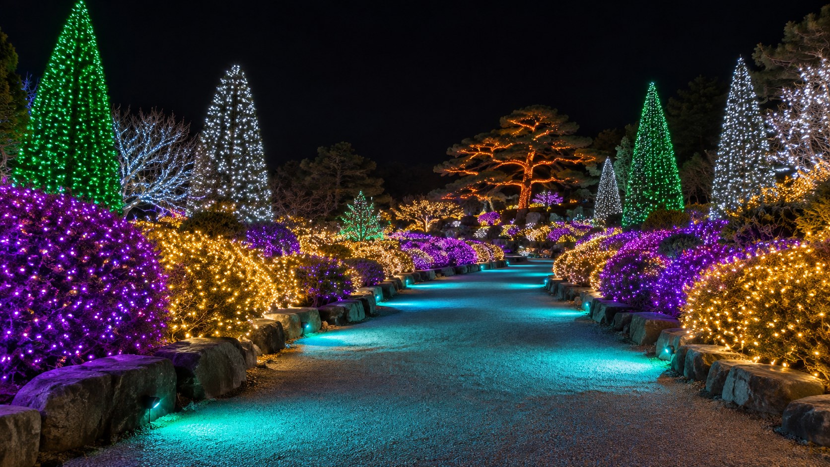 Illustrative image (AI-generated): a footpath through the Garden of Morning Calm Light Festival lined with glowing light-covered trees at night