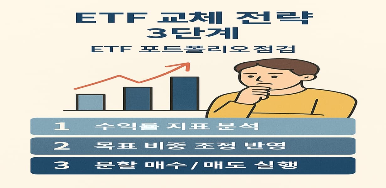 ETF 종목 교체 전략을 3단계로 요약한 인포그래픽 이미지