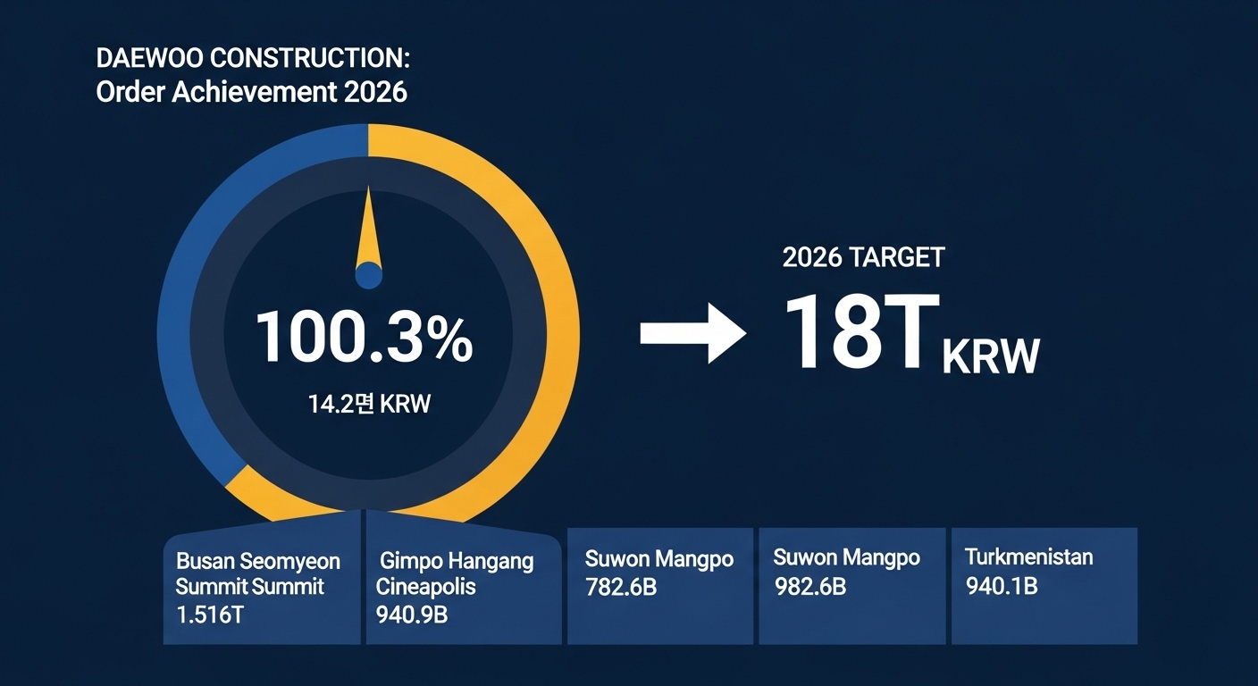 Daewoo Construction order achievement 2026. Large circular gauge showing 100.3% of 14.2T KRW target achieved gold ring. Four major project cards Busan Seomyeon Summit 1.516T, Gimpo Hangang Cineapolis 940.9B, Suwon Mangpo 782.6B, Turkmenistan 940.1B. Arrow pointing to 2026 target 18T KRW large number. Navy blue clean infographic English only.