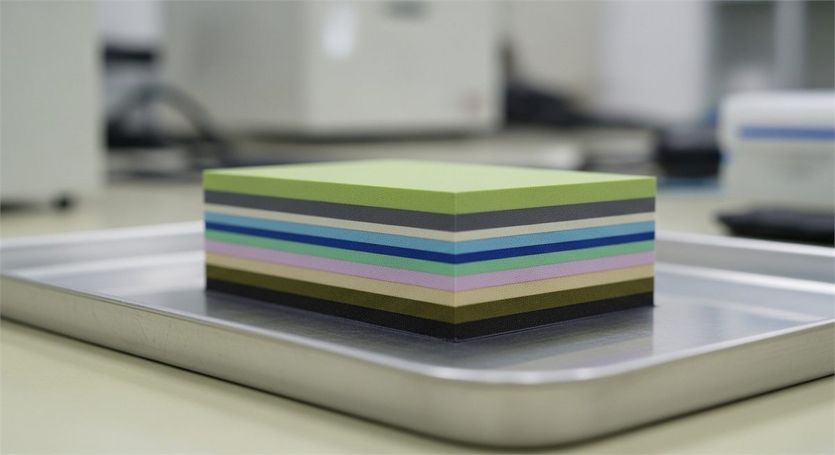 전고체 배터리 층 구조 샘플을 실험실 트레이에 올려둔 모습 