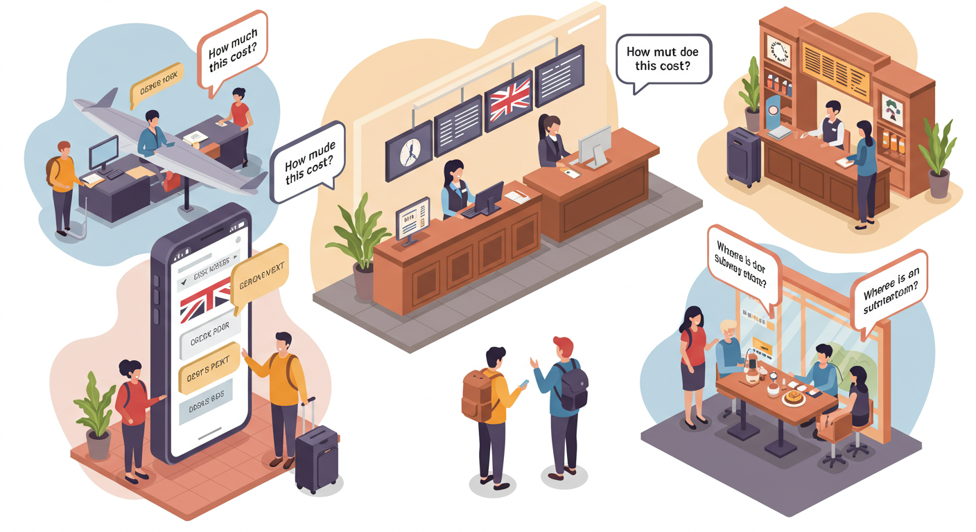 해외여행에 필요한 영어 회화 능력, 영어 표현, 학습 방법에 관한 이미지