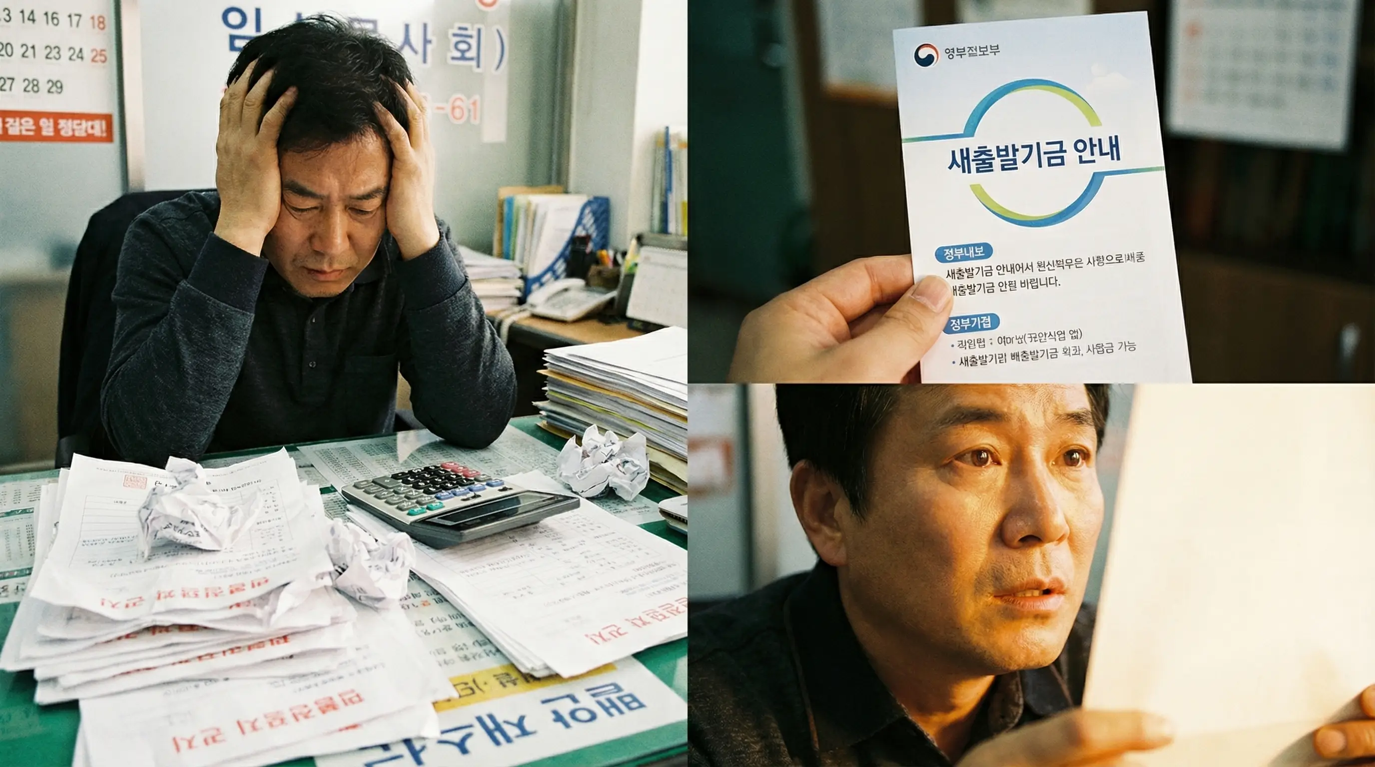 쌓여있는 독촉장과 계산기를 두드리며 괴로워하던 사장님이 새출발기금 안내문을 보고 희망을 갖는 모습