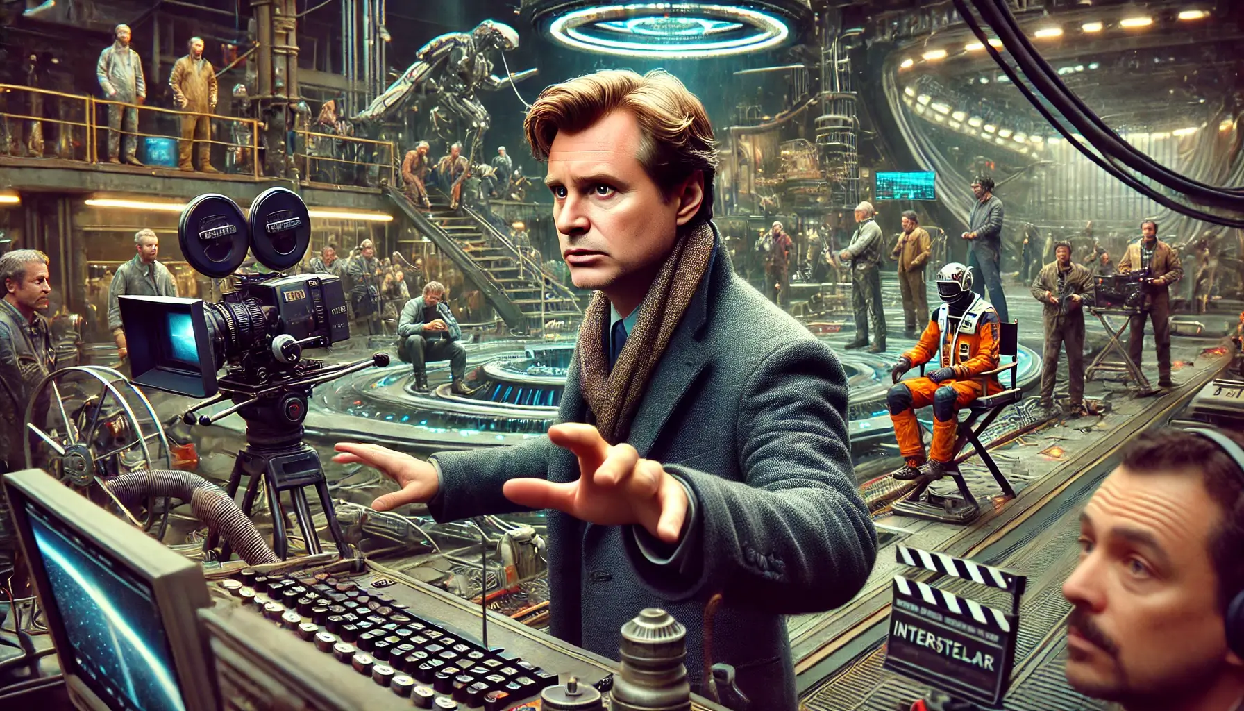 한남자가 가온데 서서 지시하고 있는 모습이다. 왼쪽에는 촬영 카메라가 있고 앞에 피사체를 촬영하고 있다 옆에는 영화 작업 보조자들이 있으며 뒤로는 촬영 현장이 생생히 기록이 되어있다 우주복을 입은 사람과 미래적 공간이 표현되어있다.