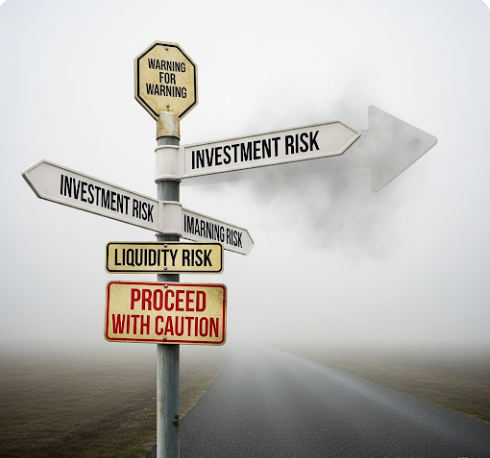 안개 낀 길을 가리키는 이정표에 '투자 위험', '유동성 리스크' 등의 경고 문구가 쓰여있는 모습