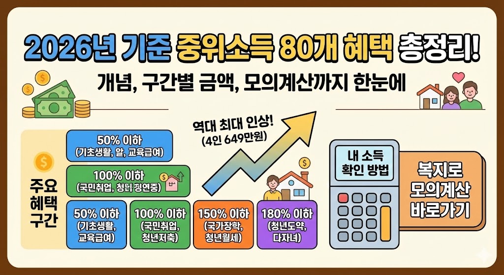 2026년 기준 중위소득 역대 최대 6.51% 인상 안내 이미지